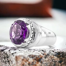 Amethyst Gemstone With 925 Sterling Silver Grooms Ring For Men's #AL87