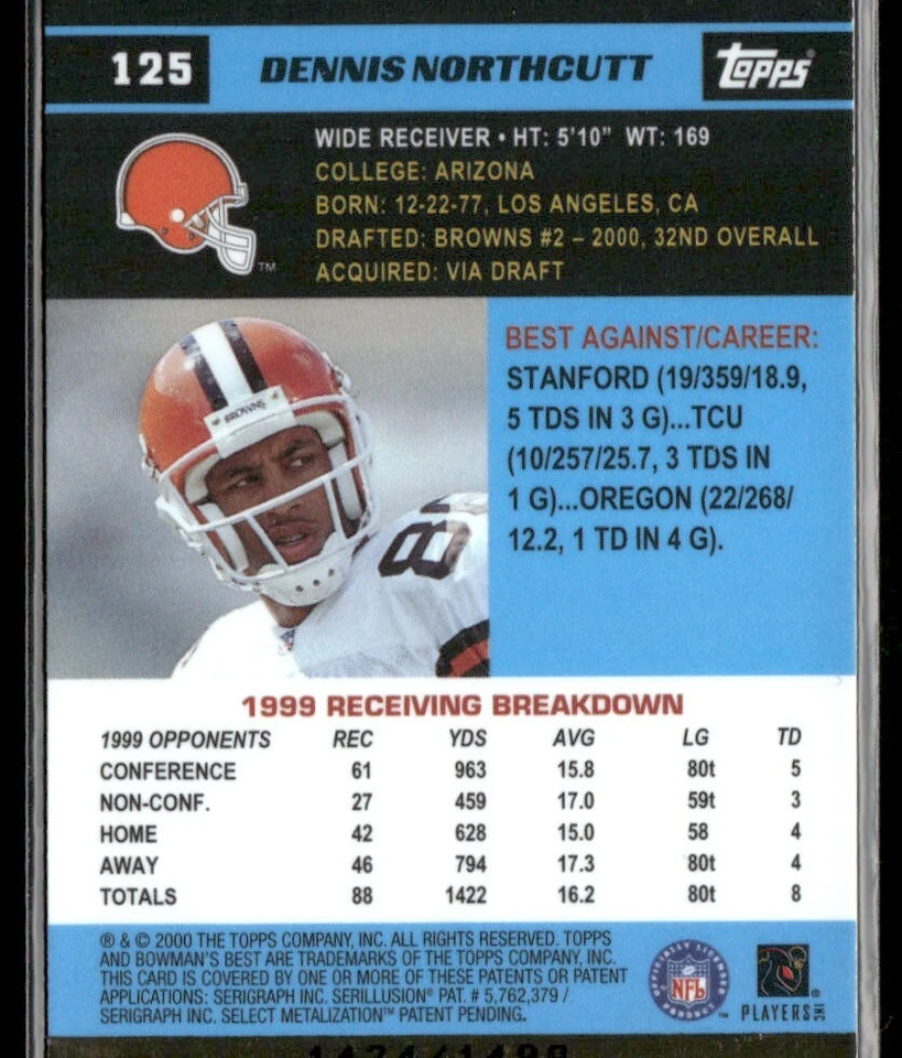 2000 Bowman's Best Dennis Northcutt #125 /1499 RC Cleveland Browns - Image 2 of 2