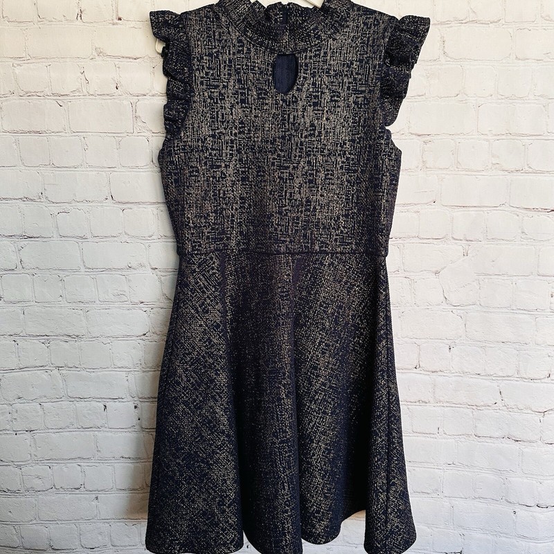 Ava & Yelly Girl Special Occasion Party Skater Dress Size 8 Navy Blue Gold