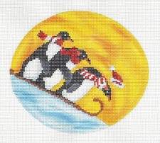 SP.ORDER "Penguins Sledding" handpainted Needlepoint Oval Ornament Scott Church