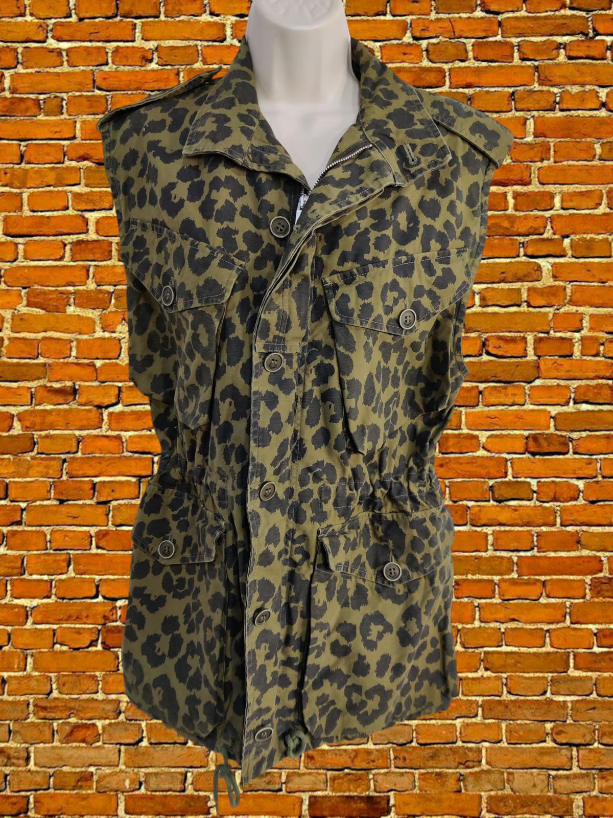 SAINT LAURENT TAGLIA 36 SMALL UK 8 10 KAKI LEOPARDO SMANICATO ESERCITO GILET GIACCA