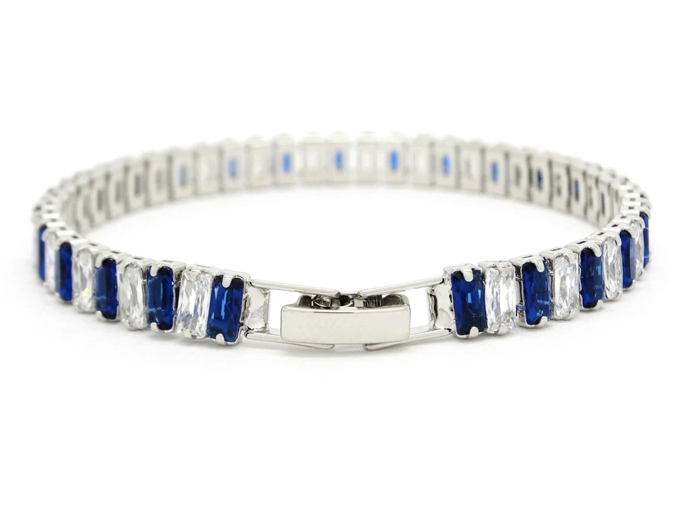 Pulsera de tenis baguette azul profundo brillante y blanco gemas baguette ajuste suave confort Foto 2 de 4