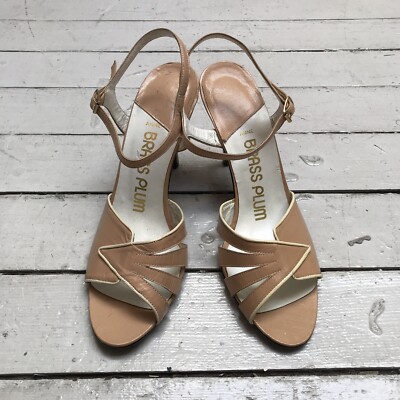 VTG Brass Plum “Anne” Beige Stilletto 4” Heel Ankle Strap Open Toe 