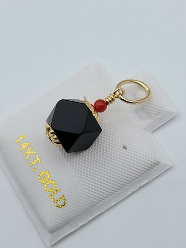 Azabache (7mm) & Coral 14K Solid Gold Jet Protection Pendant, New - Picture 4 of 7