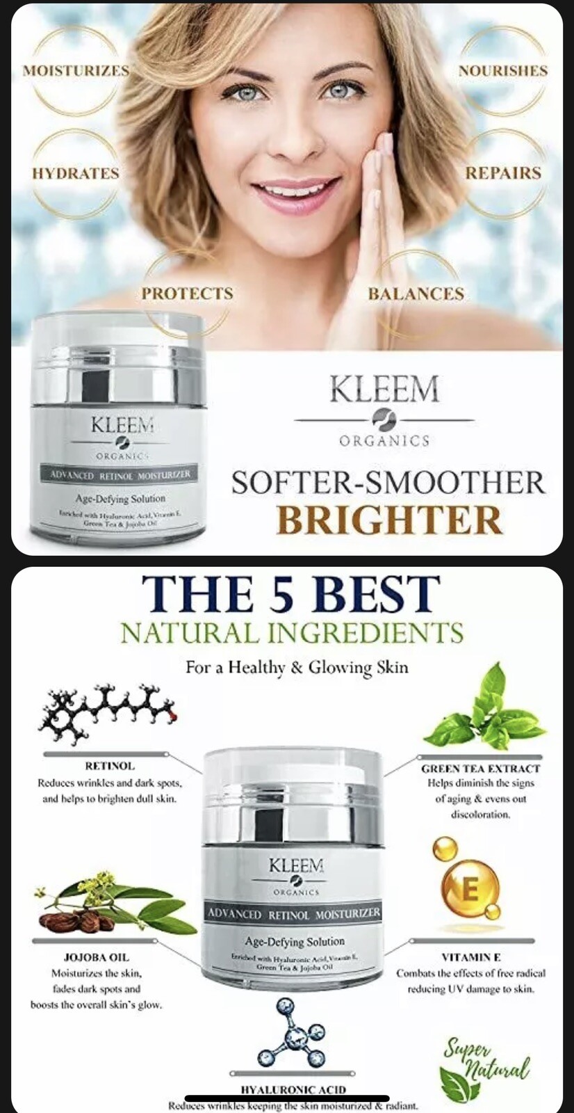 Kleem Organics Anti Aging Retinol Moisturizer Cream for Face, Neck