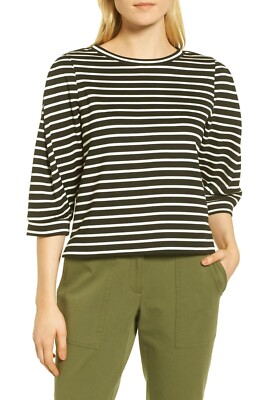 Nordstrom Signature 163570 Women's Striped Sweatshirt Green/Ivory Sz. Medium