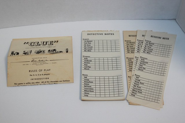 Vintage Parker Brothers Clue Game Detective Notes &amp; Instruction Sheet ...