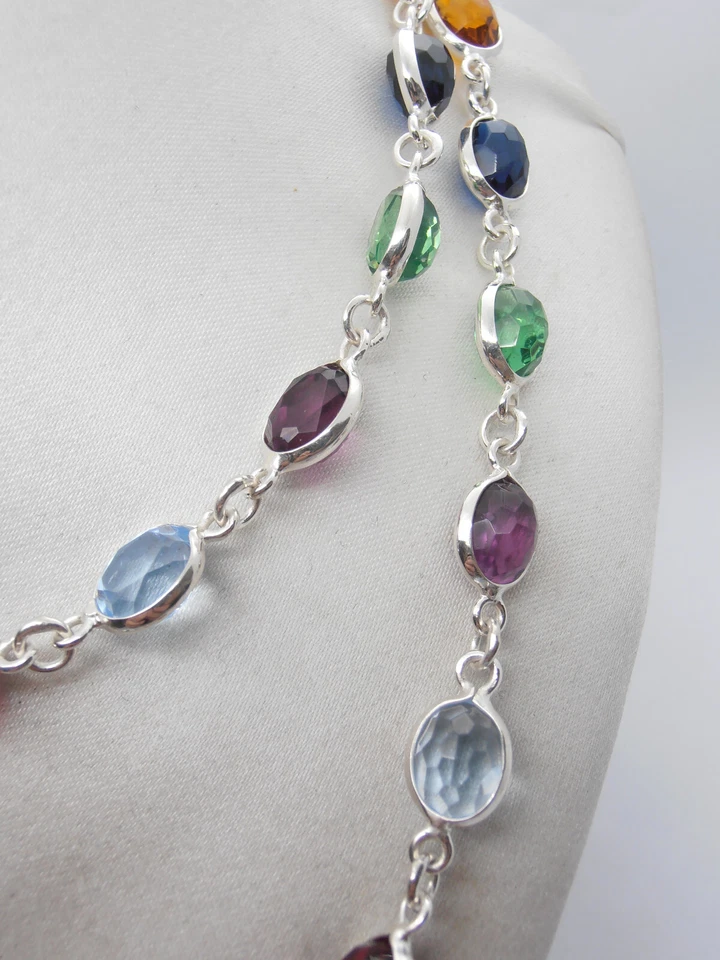 Collana in Argento 925 e Pietre Sintetiche - Girocollo Ametista Zaffiro Smeraldo - Immagine 3 di 4