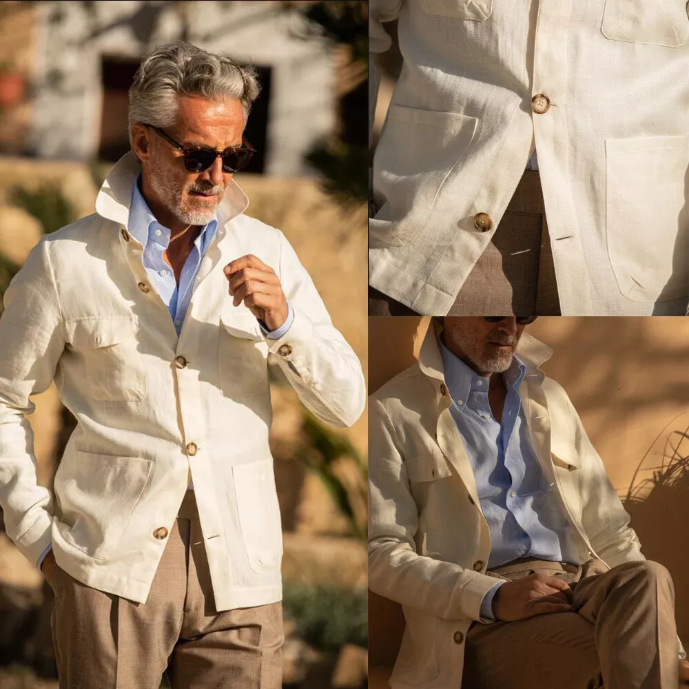 Linen Men Safari Jacket British Wedding Casual Beige Blazer Linen Men Safari Jacket British Wedding Casual Beige Blazer