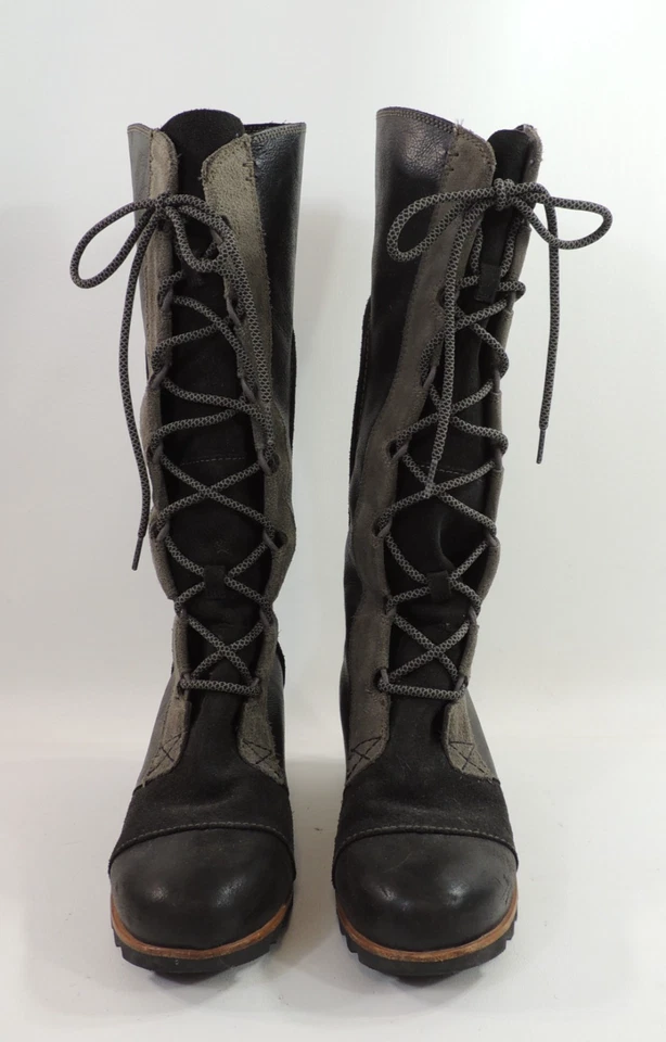 Sorel CATE THE GREAT Botas con Cordones de Cuña Gris Gamuza Cuero Negro Gótico Talla 8.5 Foto 2 de 4