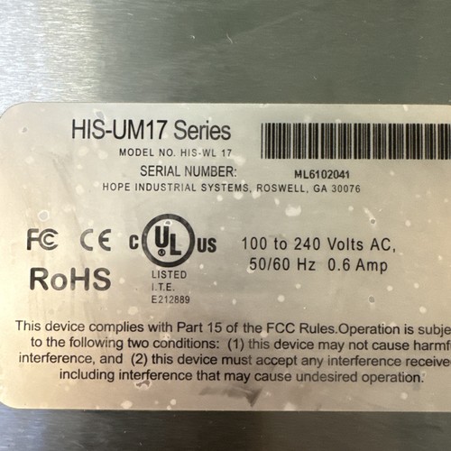 HOPE INDUSTRIAL SYSTEMS INC HIS-WL17 / HISWL17 INDUSTRIAL TOUCH SCREEN DISPLAY - Picture 5 of 9