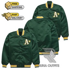 80s Oakland Athletics Retro Green Satin Lettermen Bomber Varsity Baseball Jacket