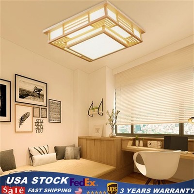 Modern Simple Ceiling Light LED Square Pendant Lamp Fixture Remote Wood 48W