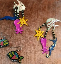 Vintage Lunch At The Ritz Earrings 2 Fish, Starfish, Seahorses N Octopus BOHO