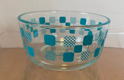 Vintage PYREX Clear Glass Bowl with Turquoise Checkers & Dot Pattern (6 Inch)
