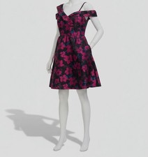 Kensie Women's Black Red Floral One-Shoulder Lined Jacquard A-Line Dress Size 14