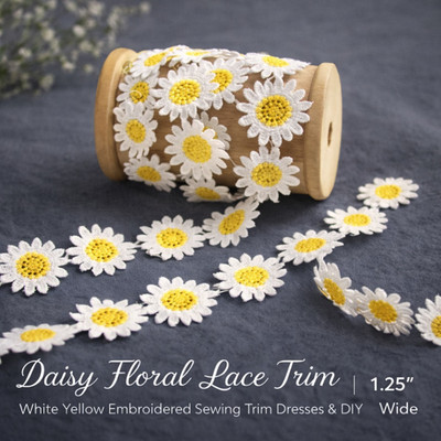 Daisy Floral Lace Trim White Yellow Embroidered Sewing Trim Dresses & DIY 1.25''W