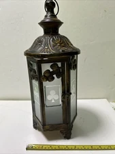 Decorative Candle Lantern/ Hexagon- Frosted Glass & Copper-tinted Metal