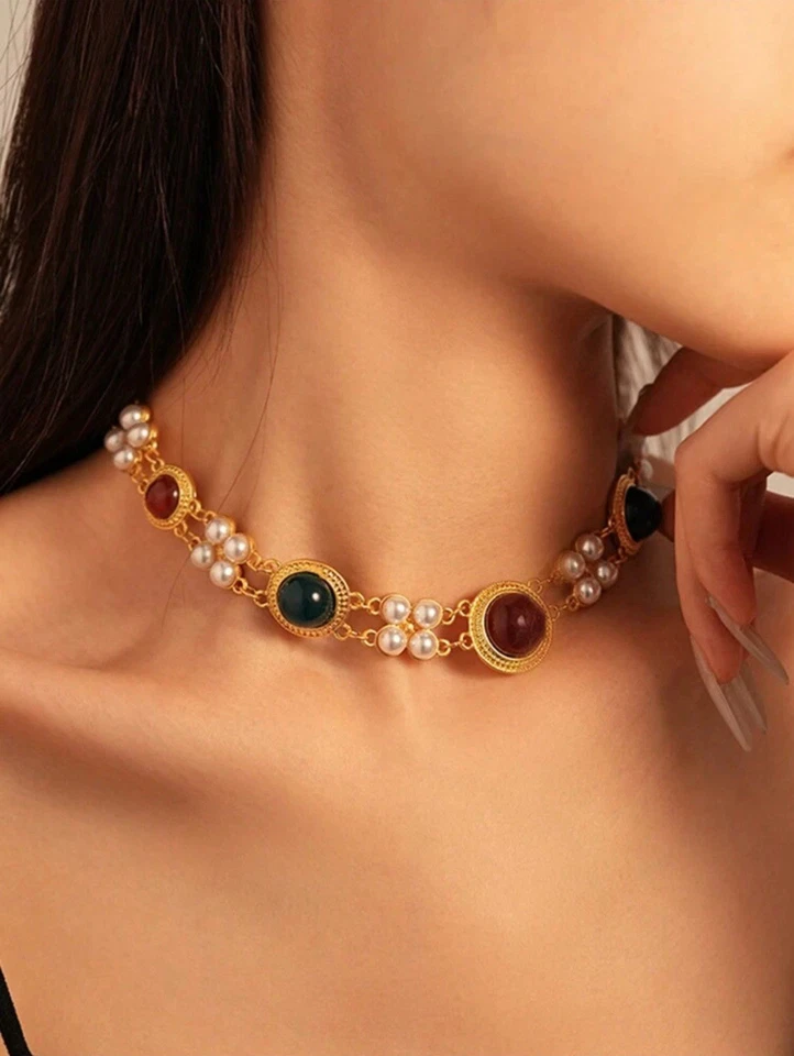 Conjunto de brincos e colar estilo corte francês alto grau senso de nicho cor retrô - Imagem 2 de 4