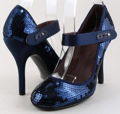$350 JILL STUART SASHA Navy Blue Satin Sequence Designer Fashion EVENING Pumps 6