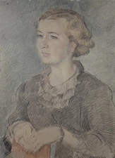 Aljo Beran Czech Pencil Drawing Signed Young Woman Portrait  Expressionism