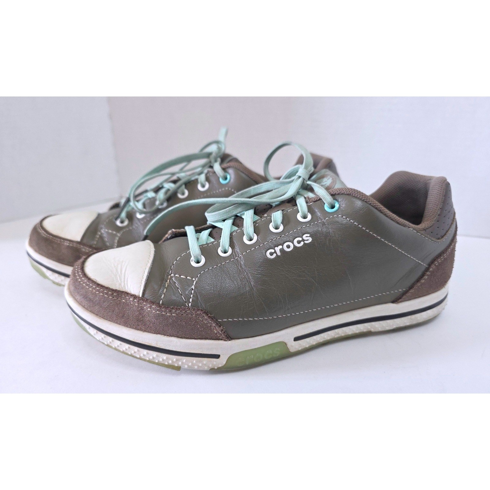 W 7.5 Brown Olive Leather Suede Spikeless Sneakers Low Top