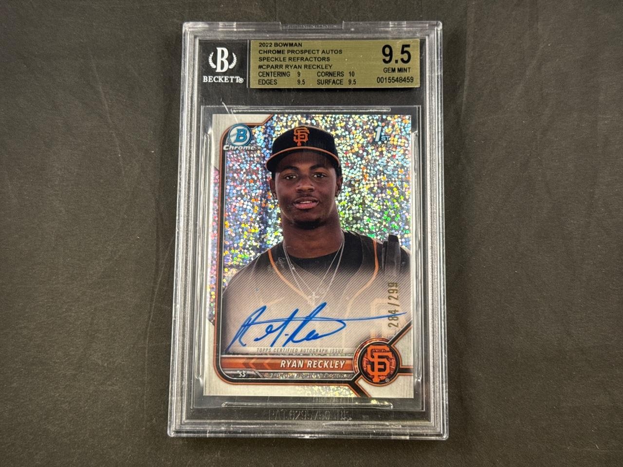 2022 BOWMAN CHROME RYAN RECKLEY 1ST SPECKLE REFRACTOR AUTO 284/299 BGS 9.5 GEM