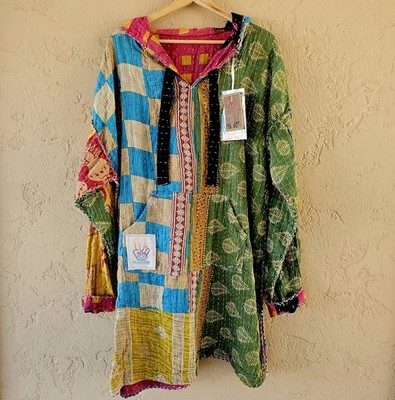 Peacenik Reversible KANTHA Baja Hoodie Boho Handmade Upcycled Top OS (M-3XL) NWT