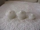 (3) Vintage White Opaline Milk Glass Dresser Jars w Lid Marked CP
