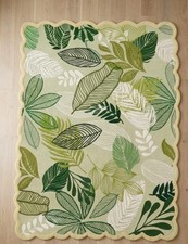 Hand-Tufted Scalloped Green Leaf Rug, Botanical Wool Area Carpet Design Rug