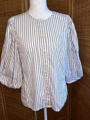 Madewell White/Blue Striped Cotton Woven 3/4 Puff Sleeve Button Blouse S