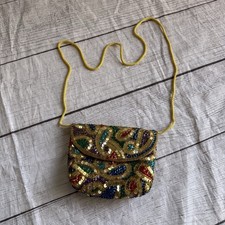 Beaded Evening Bag Sequin Multicolor Purse Gold Rope Strap Clutch