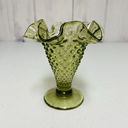 Fenton Green Trumpet Hobnail Vase W/ Fluted Edge Pedestal Base