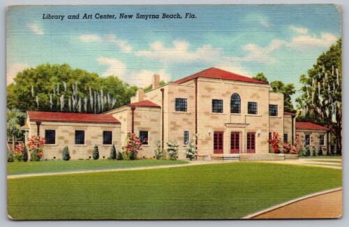 Smyrna Beach FL Library & Arts Center Streetview Linen Anuluj pocztówka WOB - Zdjęcie 1 z 2
