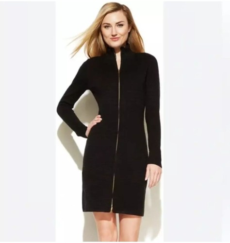 Calvin Klein Black Ribbed Full-Zip Sweater Dress Sz M Long Sleeve Dark Academia