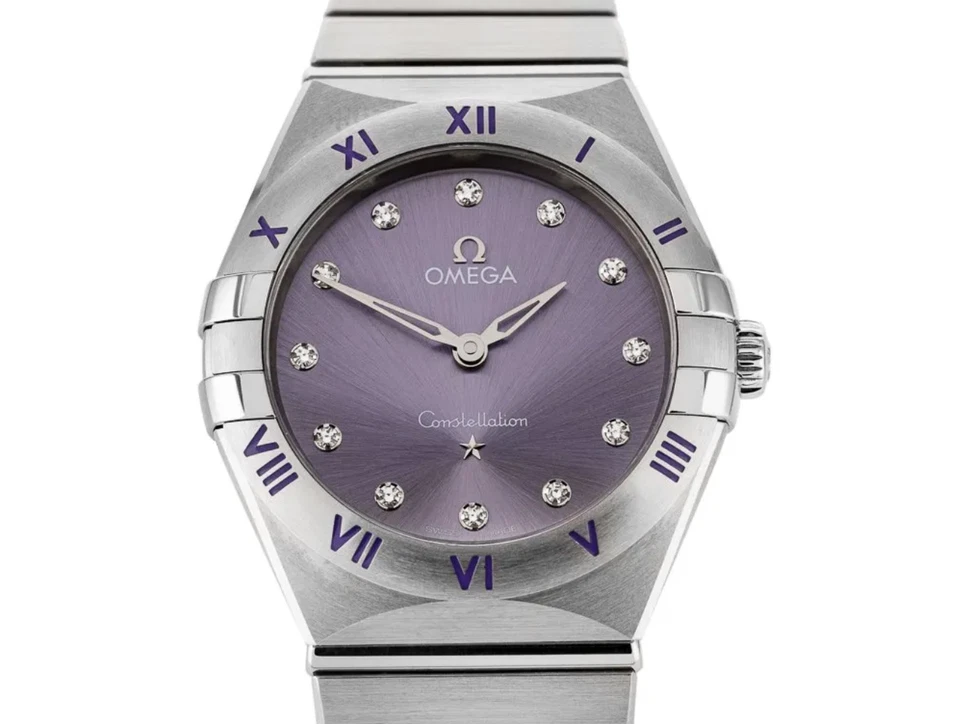 Omega Constellation Ladies Quartz 28mm Purple Dial Steel Watch Box & Papers 2022