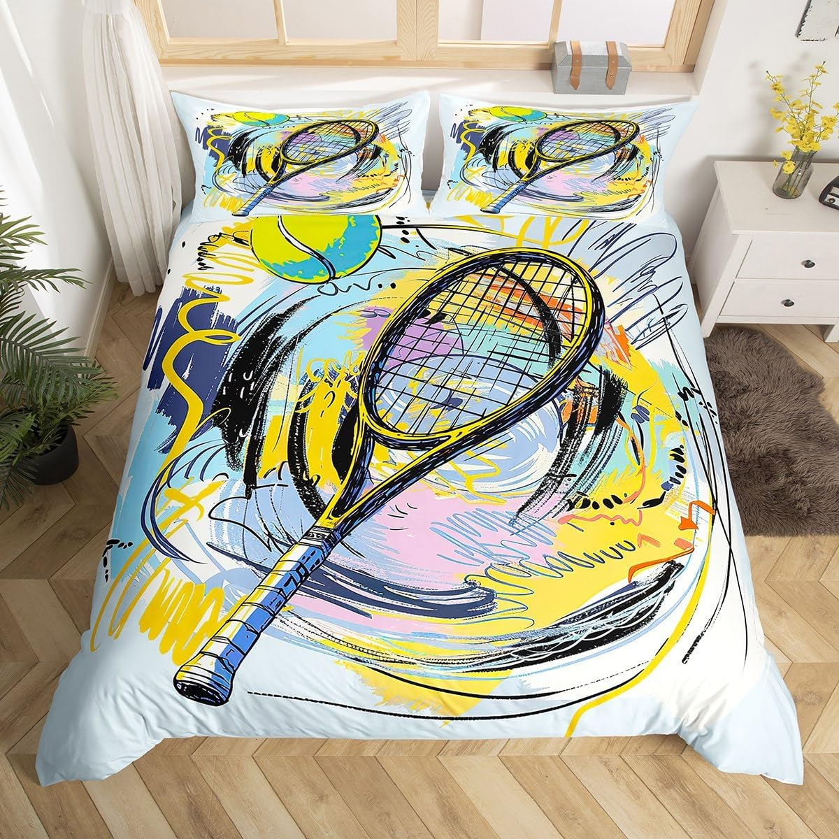 Graffiti Tennis Ball Bedding Set Twin Size,Fashion Ball Sports Game Duvet Cover