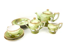 Nippon Hand Painted Swan Jeweled W/Gold Teapot, Plates, Cream & Sugar 13 PCS