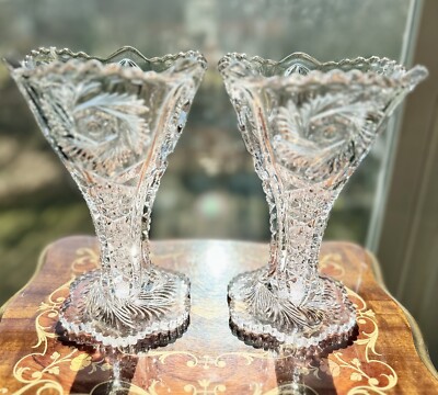 Antique Pair McKee Vases Wiltec Design Pinkwheels Stars and Arches