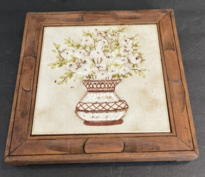 Vintage Italian Ceramic 8  Tile Trivet Retro Wood Frame S Marco Boho Flower 70 s
