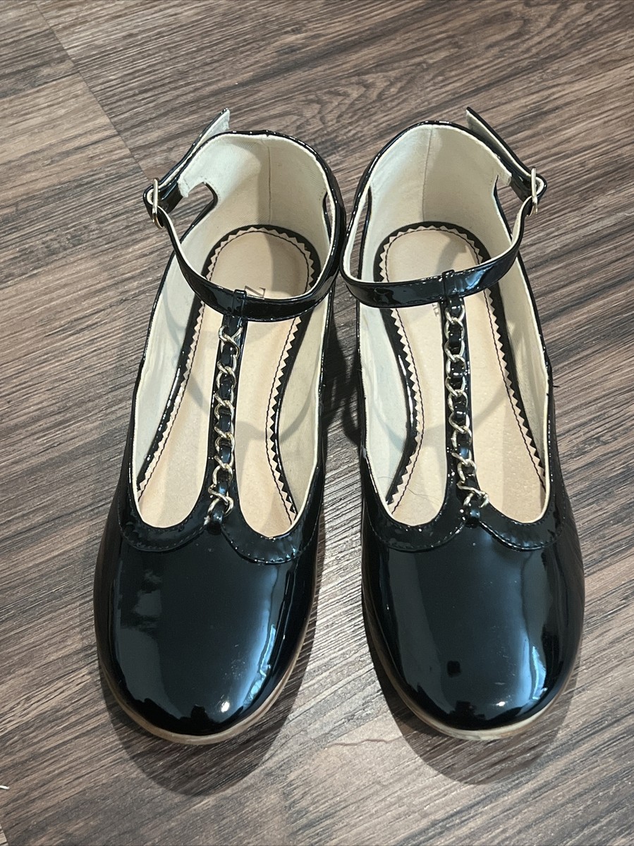Zara mary janes with gold chain detail patent black size 38