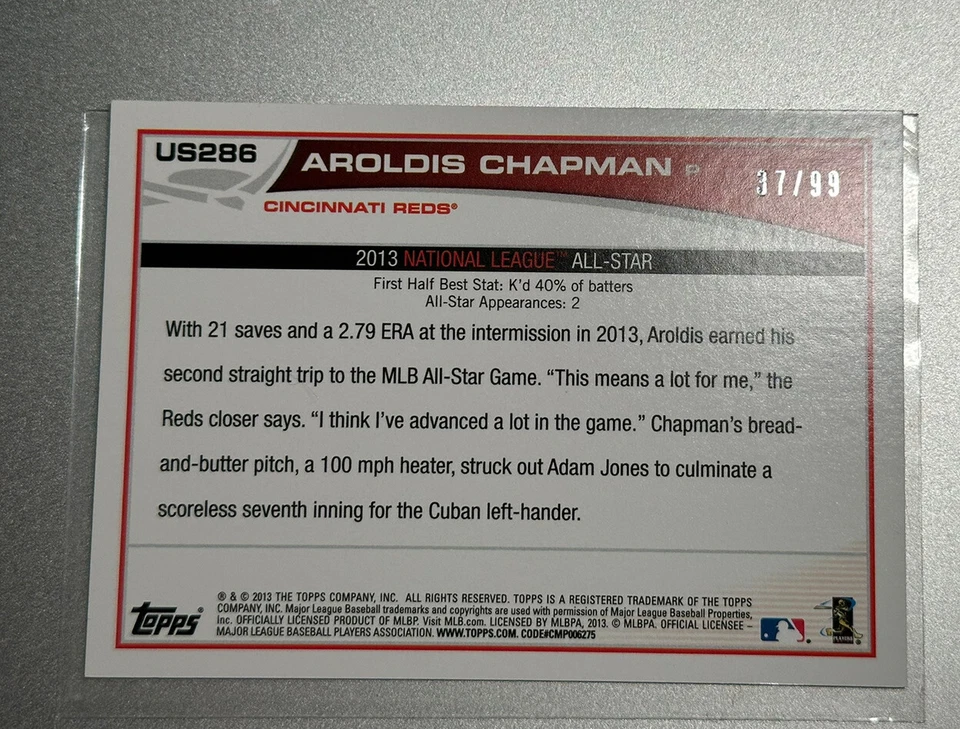 2013 Topps Update All-Star Desert Camo Foil 37 /99 Aroldis Chapman #US286 - Image 2 of 3
