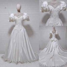 Victorian Wedding Dresses Puff Sleeves Sweep Train 1980s Vintage Bridal Gowns