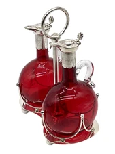Mappin &  Webb Cranberry Glass Cruets Decanters w/ Silver Plate Spouts & Caddy