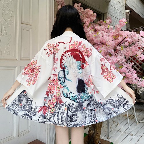 Cardigan donna sexy Yukata kimono modello gru giacca cappotto floreale Harajuku chic - Foto 2 di 11