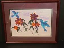 Vintage 1996 15" X 11" Framed Hummingbird Print/Painting Signed "EH"