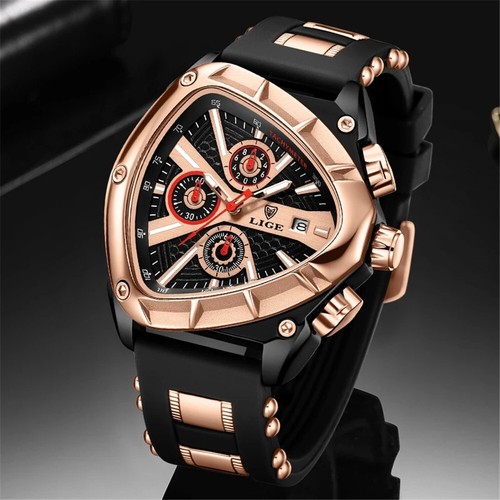 LIGE Men Watch Triangle Big Case Boy Sport Wristwatch Silicone Chronograph Watch - Picture 4 of 29