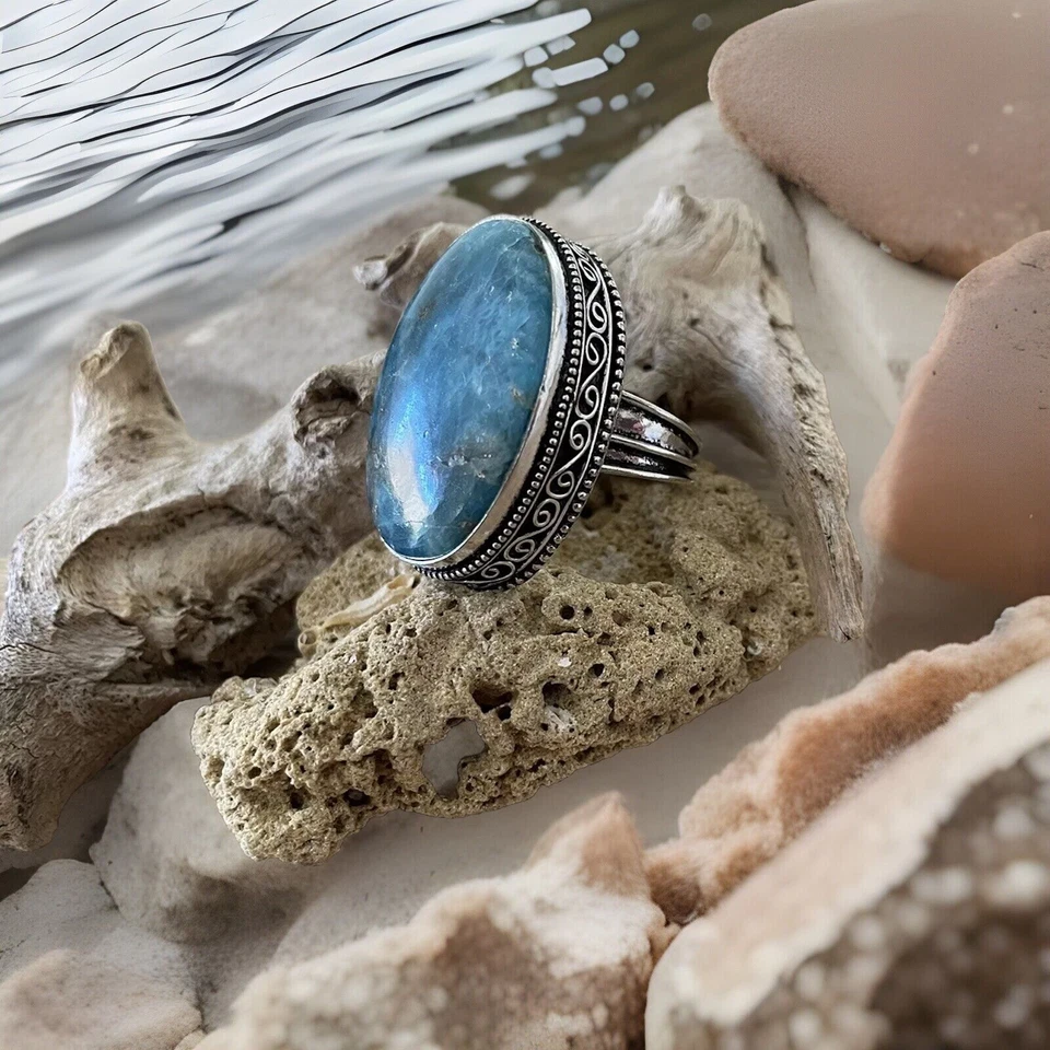 Кольцо с голубым апатитом и драгоценными камнями размер 9 -925 посеребренное - новое! - Изображение 3 из 4