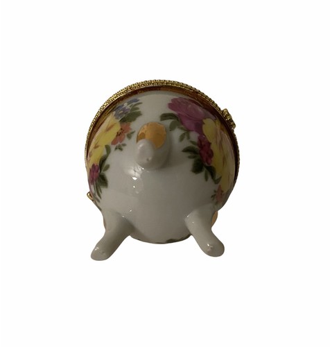 Vintage Porcelain Egg Hinged Trinket Box Yellow Rose Footed Gold Accents 3.5" - Picture 9 of 10