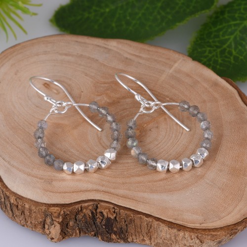 Labradorite and Metal Beaded Hook Earrings Sterling Silver Handmade Jewelry - Picture 7 of 14